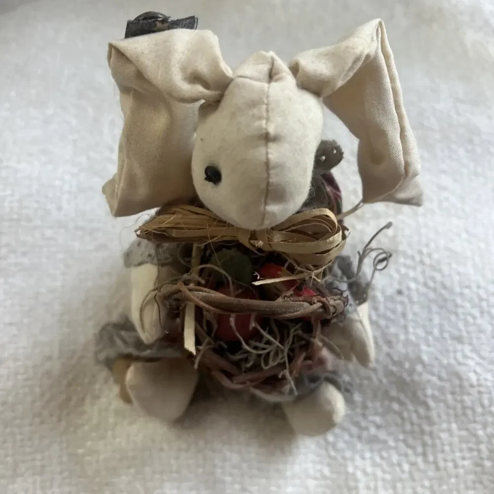 Vtg Primitive Fabric Bunny Doll Wood Block Base Sitter Country Folk Art 8”